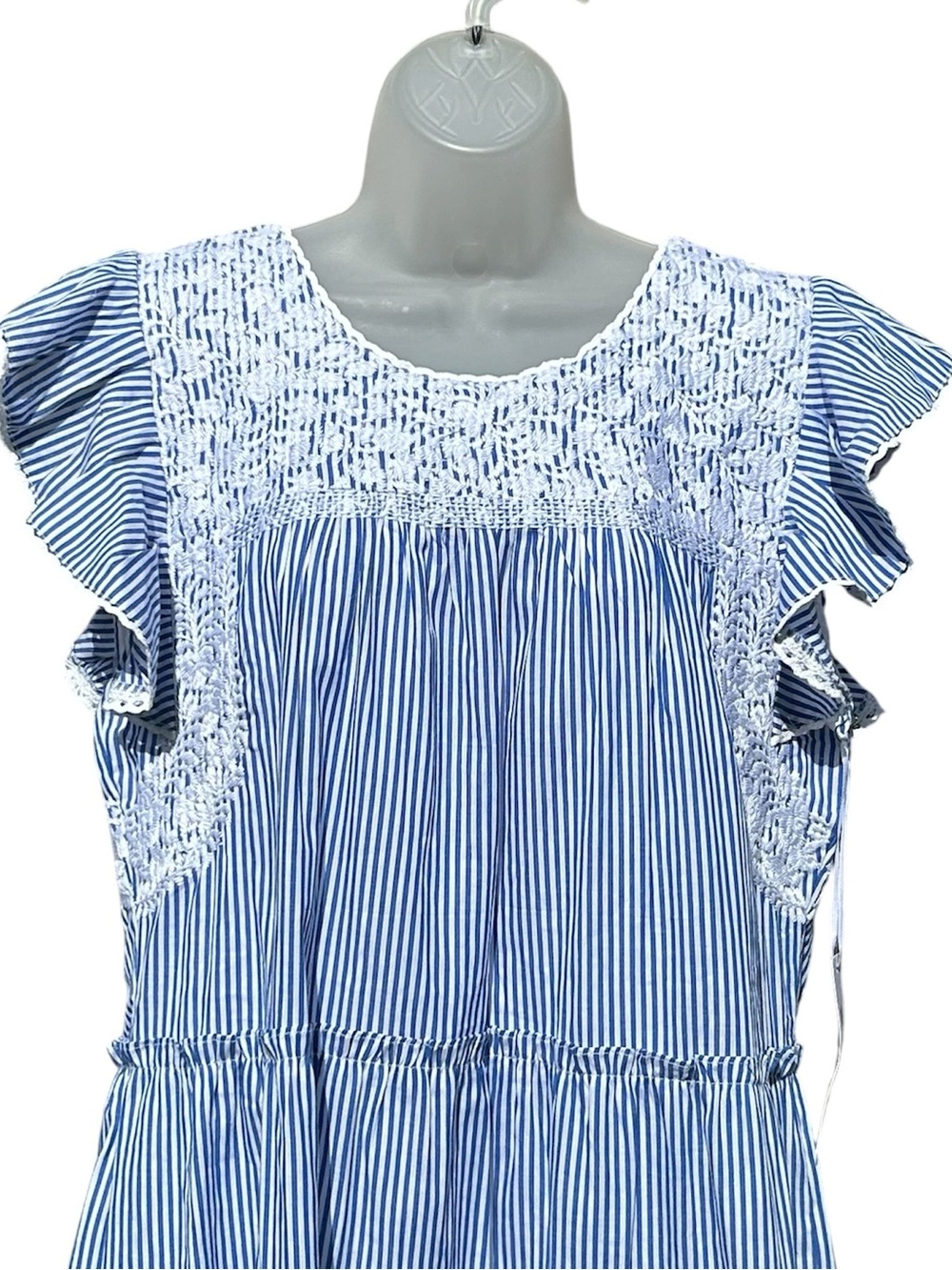 J MARIE Women L Julianna Blue White Stripe Embroidered Ruffles Tiered Midi Dress - Picture 4 of 9